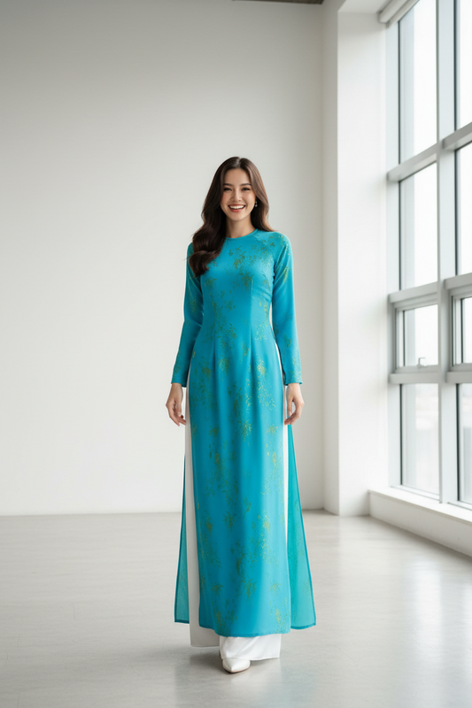 A147 - Áo Dài Tencel Titan Blue/Gold | Áo Only