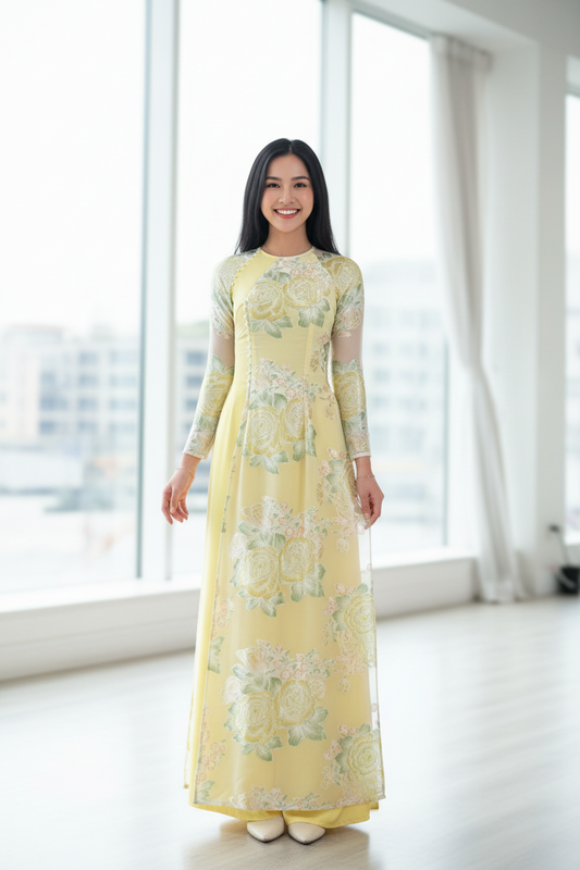 A24 - Áo Dài Đầm Tơ Hoa Vàng Tà Lệch