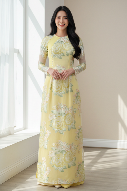 A24 - Áo Dài Đầm Tơ Hoa Vàng Tà Lệch