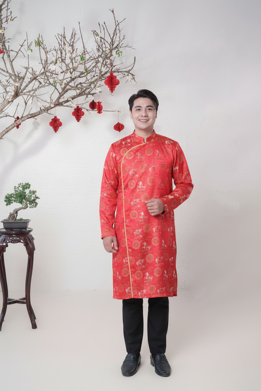 D17 - Men’s Áo Dài Gấm Ngựa Đỏ/Gold