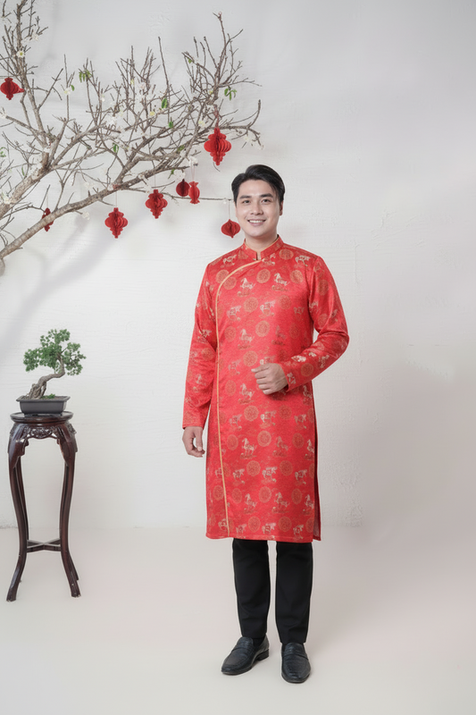 D17 - Men’s Áo Dài Gấm Ngựa Đỏ/Gold