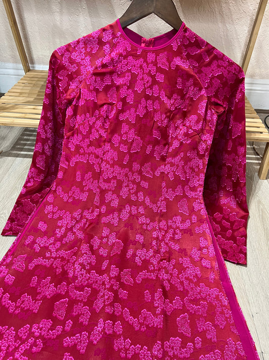 A31 - Áo Dài 4 Tà lụa Điêu Khắc Hồ Điêp Đỏ Hồng | Áo Only