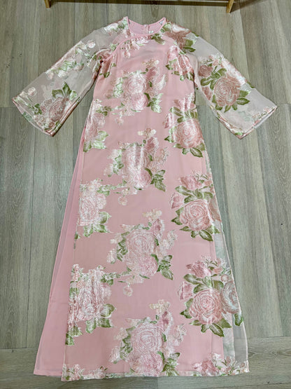 A27 - Áo Dài Dáng Suông Tơ Hoa Hồng (Cổ Tròn)