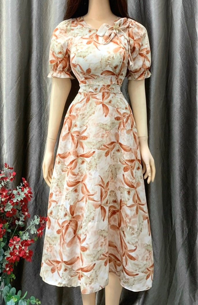 D38 - Midi Dress Mango Silk Light Orange Brown Cột Nơ Sau