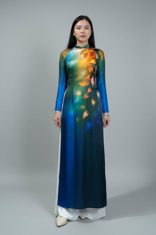 A23 - Áo Dài Lụa Ánh Sao Xanh lá Cam. Final sale - Áo bị xước (no return/exchange)