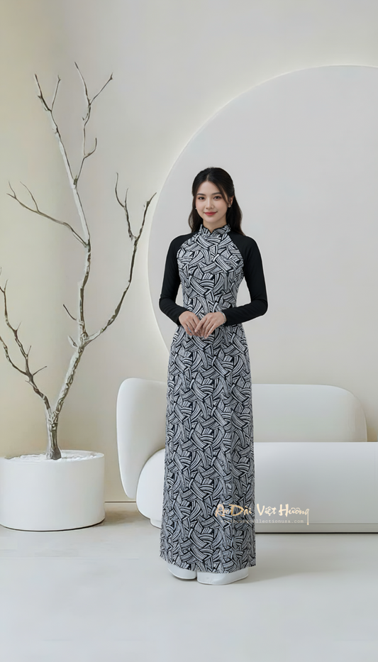 A72 - Áo Dài Voan Gân 4 Tà Đen Sọc