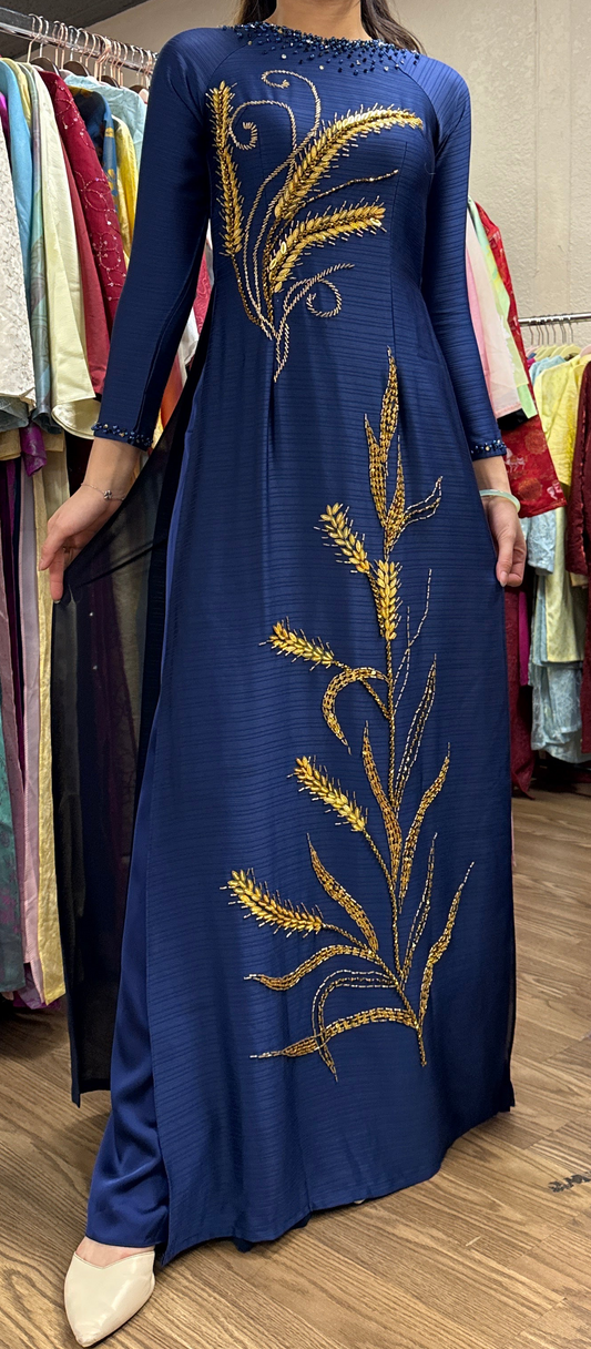 AD12 - Set Áo Dài Thiết Kế Tơ Ánh Nguyệt Navy Blue (kèm quần Tô Châu)