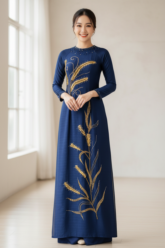 AD12 - Set Áo Dài Thiết Kế Tơ Ánh Nguyệt Navy Blue (kèm quần Tô Châu)