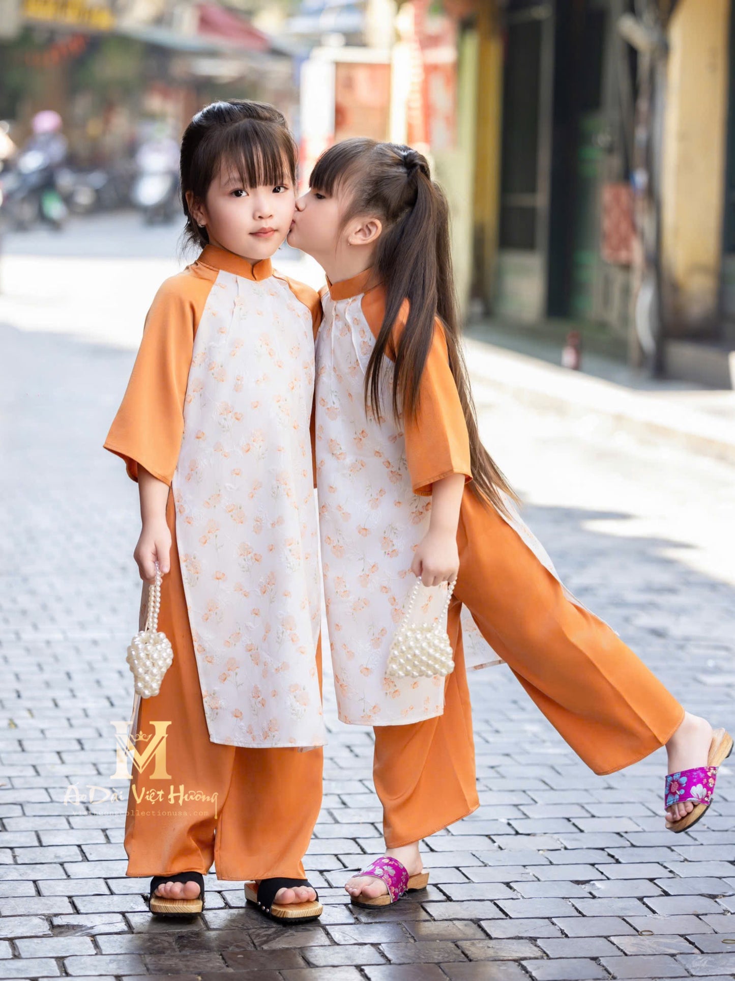 F2 - Orange Little Flowers Girl’s Set Áo Dài (Mom & Girl)