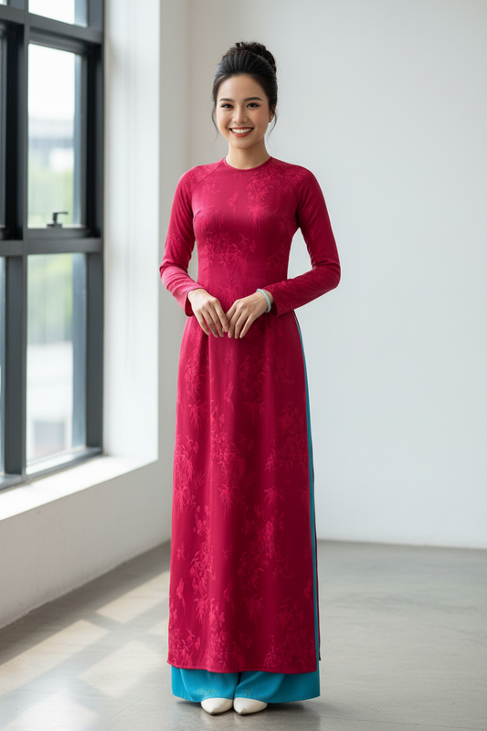 A131 - Set Áo Dài Tencel Titan Đỏ Hồng (kèm quần Tencel Titan)