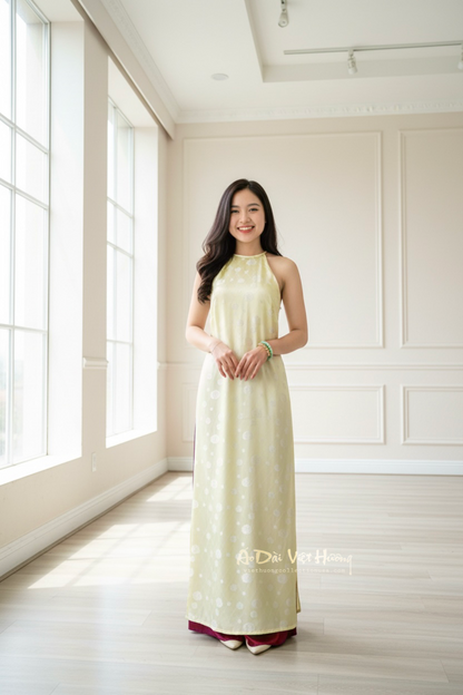 A05 - Áo Dài Yếm Tơ Tằm Nha Xá Hoa Trà Vàng Mỡ Gà