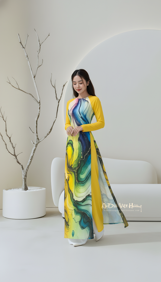A115 - Áo Dài Voan Chiffon In 4 Tà Vàng Phối Xanh