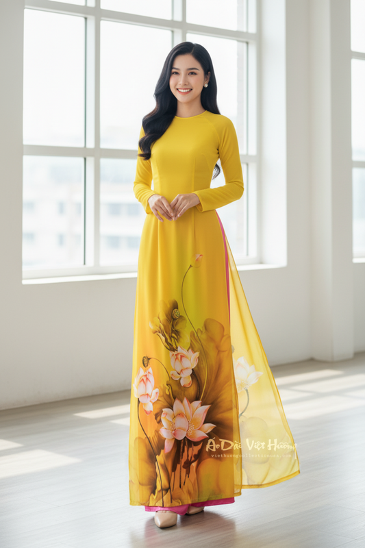 A38 - Áo Dài In Chiffon 4 Tà Vàng