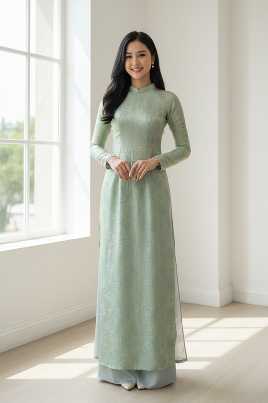 A62 - Áo Dài Tơ Tencel Xanh Nhạt 4 Tà (Cổ 2cm) | Áo Only