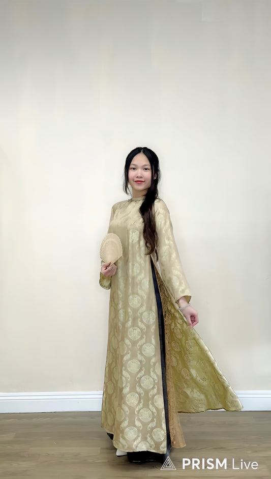 A02 - Áo Dài Lụa Tơ Tằm Nha Xá Thọ Dơi Phối Ren Olive Brown
