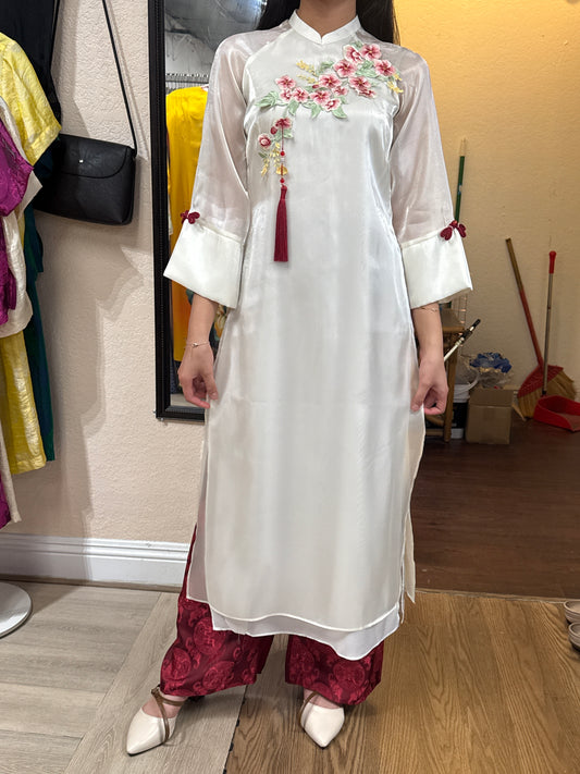 A19 - Set Áo Dài Cách Tân Organza Trắng/Đỏ | Kèm Quần