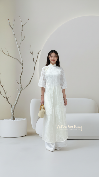 A97 - Áo Dài Tứ Thân Ren Cách Tân Kem 4 Tà