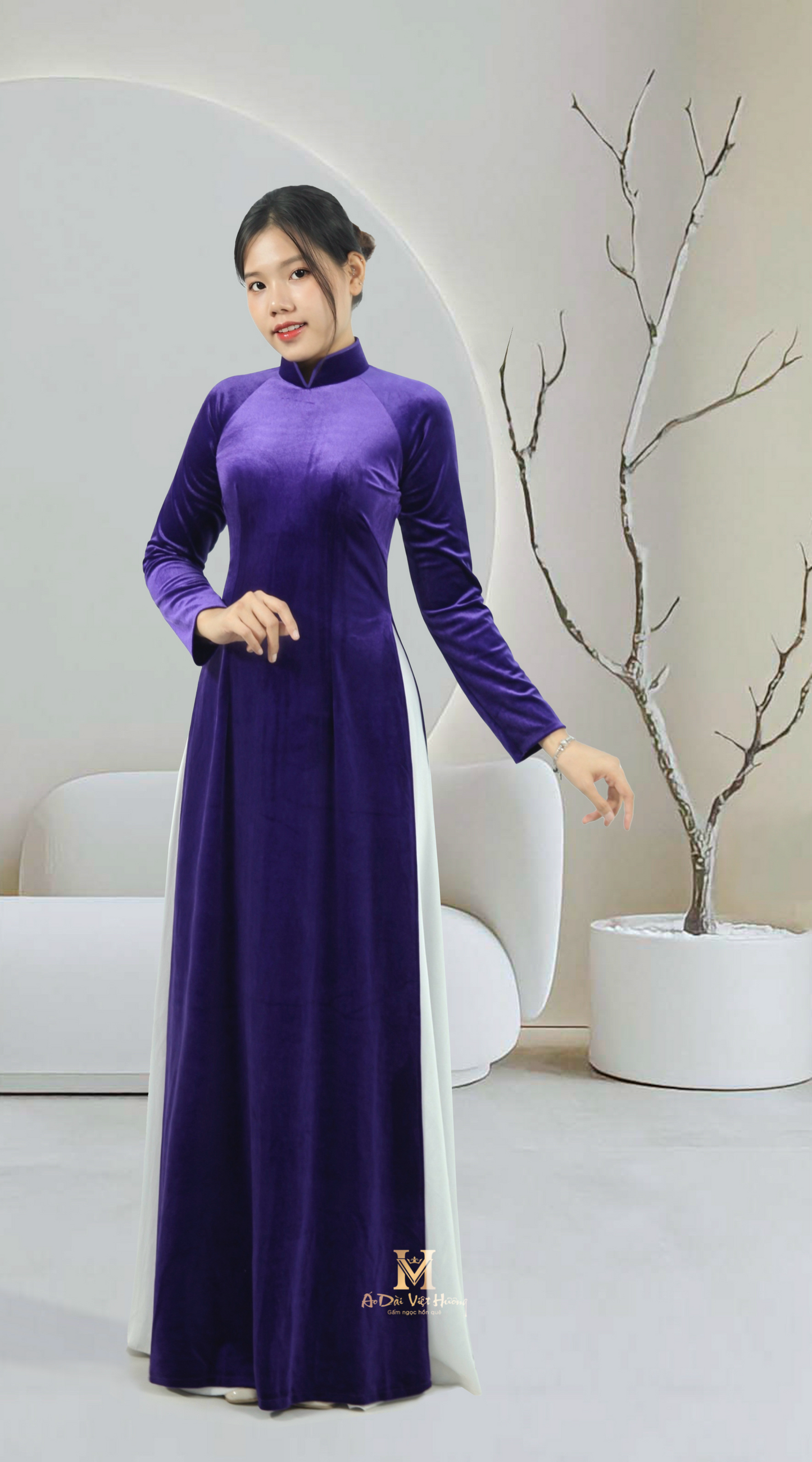 262 - Light Purple Velvet Fabric Áo Dài (Áo Dài Nhung Tuyết Tím Nhạt Cổ Cao)