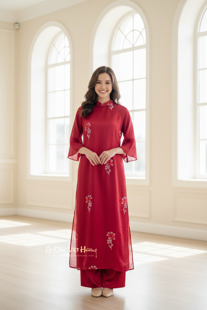 A38 - Set Áo Dài Cách Tân Suông Tơ Thêu Đỏ (Kèm quần)