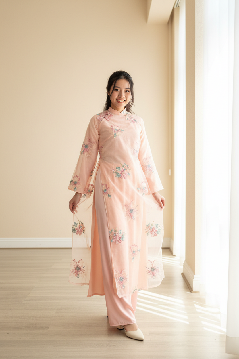 A106 - Set Áo Dài Cách Tân Suông Tơ Thêu Coral Pink (kèm quần)