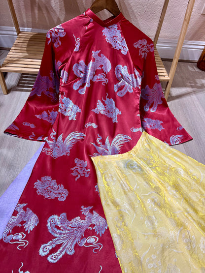 A10 - Set Áo Dài 4 Tà Lụa Vân Phượng Đỏ/ Tím | Kèm Quần Tencel Vàng