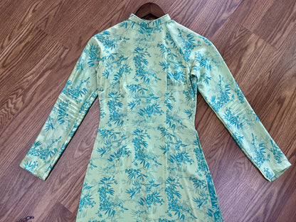 A15 - Áo Dài Lụa Gấm Lá Trúc Turquoise (Cổ 2cm)