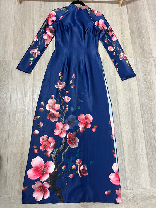 A30 - Áo Dài Lụa Ánh Sao In Xanh/Hồng