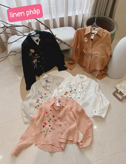 L112->120 - Áo Sơ Mi Linen Pháp Thêu Tay