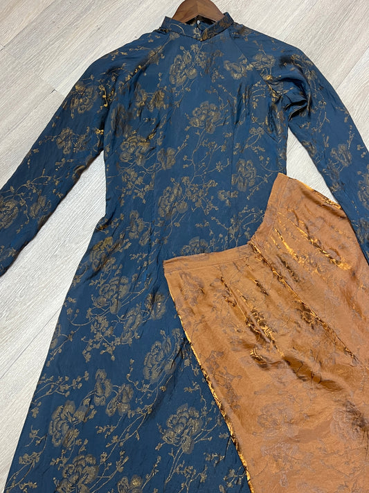 A25 - Set Áo Dài Tơ Tencel Ánh Nhũ Navy Blue/Brown (kèm quần)