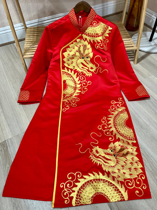 A91 - Men’s Áo Dài Đỏ Vẽ Tay