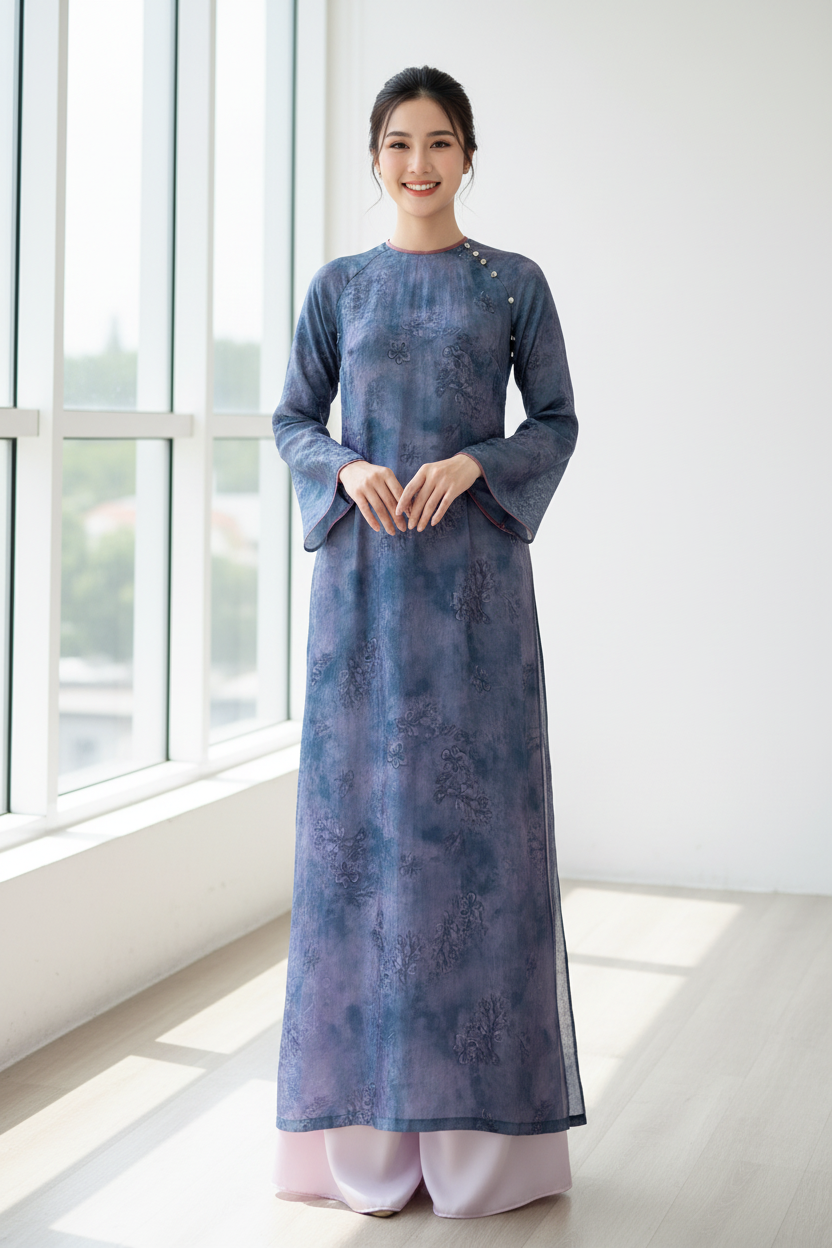 A39 - Áo Dài Dáng Suông Tencel Mộc Lan Xanh Ánh Hồng