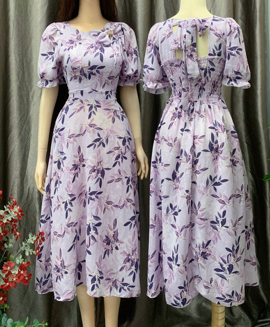 D37 - Midi Dress Cột Nơ Sau Tím Cà