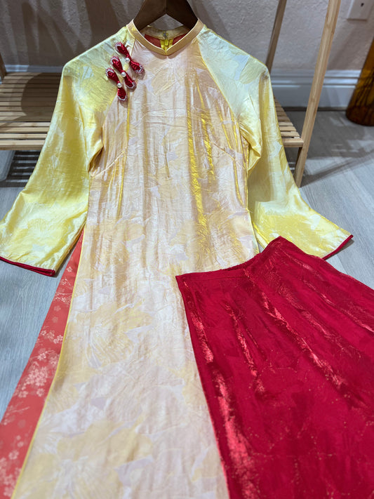 A11 - Set Áo Dài Tencel 4 Tà Vàng/ Đỏ | Kèm Quần Tencel Đỏ