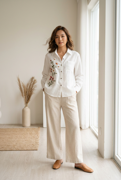 L112->120 - Áo Sơ Mi Linen Pháp Thêu Tay