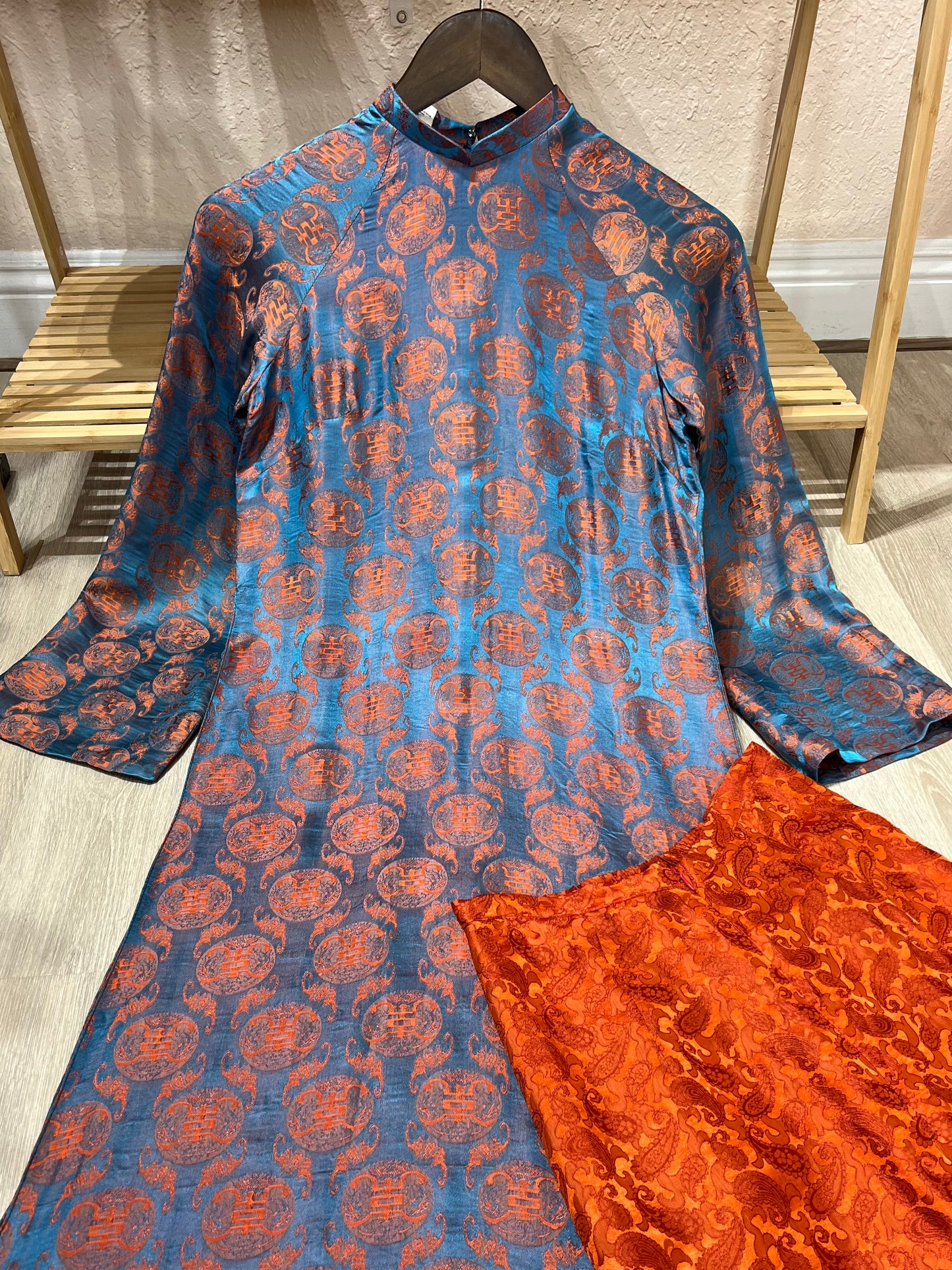 A06 - Set Áo Dài Yếm Tơ Tằm Nha Xá Blue Teal/Orange | Kèm Quần