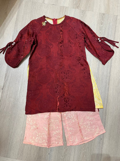 G06 - Girl’s Set Áo Dài Tơ Tencel Thọ Dơi 4 Tà Nâu Đỏ/Vàng (kèm quần)