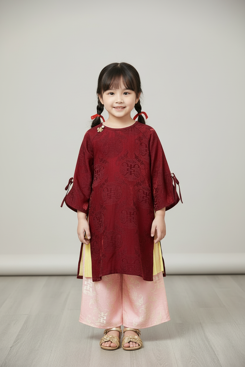 G06 - Girl’s Set Áo Dài Tơ Tencel Thọ Dơi 4 Tà Nâu Đỏ/Vàng (kèm quần)