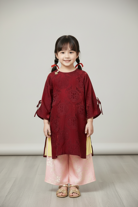 G06 - Girl’s Set Áo Dài Tơ Tencel Thọ Dơi 4 Tà Nâu Đỏ/Vàng (kèm quần)