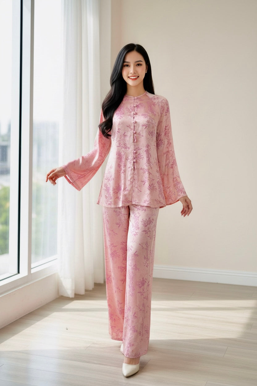 B30 - Set Áo Bà Ba Hồng Lụa lá Trúc | Kèm Quần