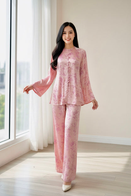 B30 - Set Áo Bà Ba Hồng Lụa lá Trúc | Kèm Quần