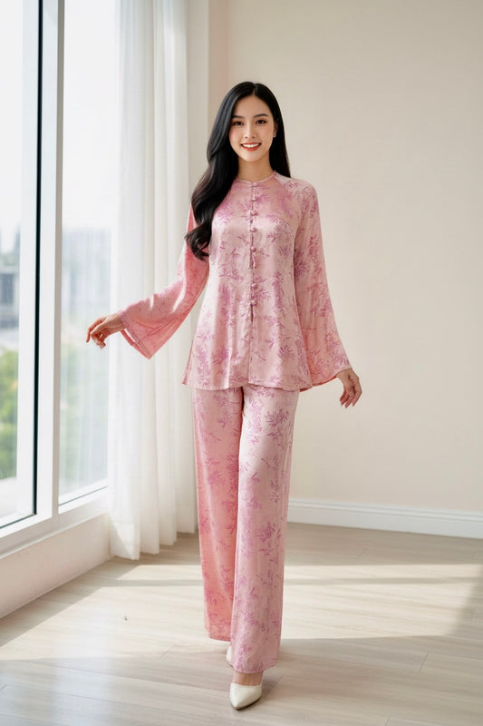 B30 - Set Áo Bà Ba Hồng Lụa lá Trúc | Kèm Quần