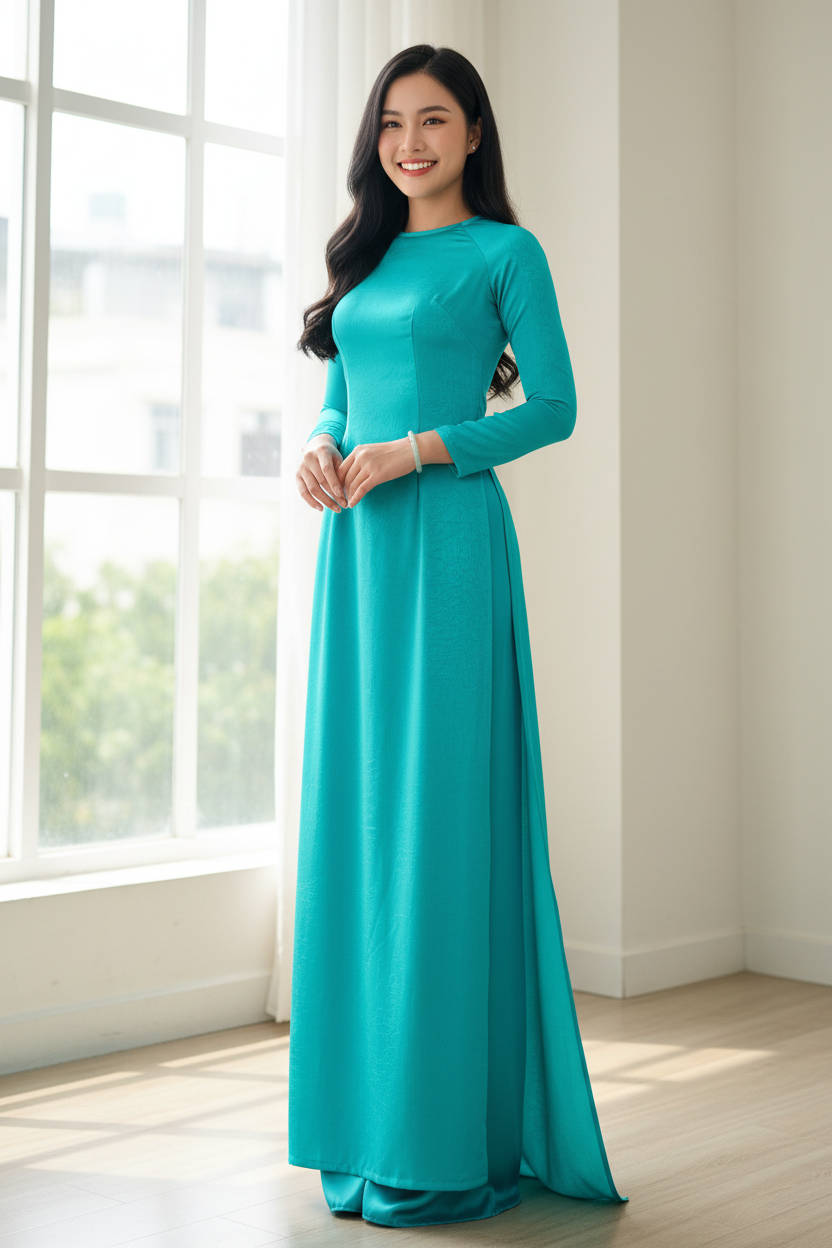 A57 - Áo Dài Lụa Tiêu Giao Trơn Xanh Lý| Áo Only.