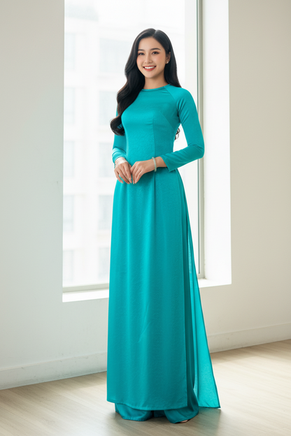 A57 - Áo Dài Lụa Tiêu Giao Trơn Xanh Lý| Áo Only.