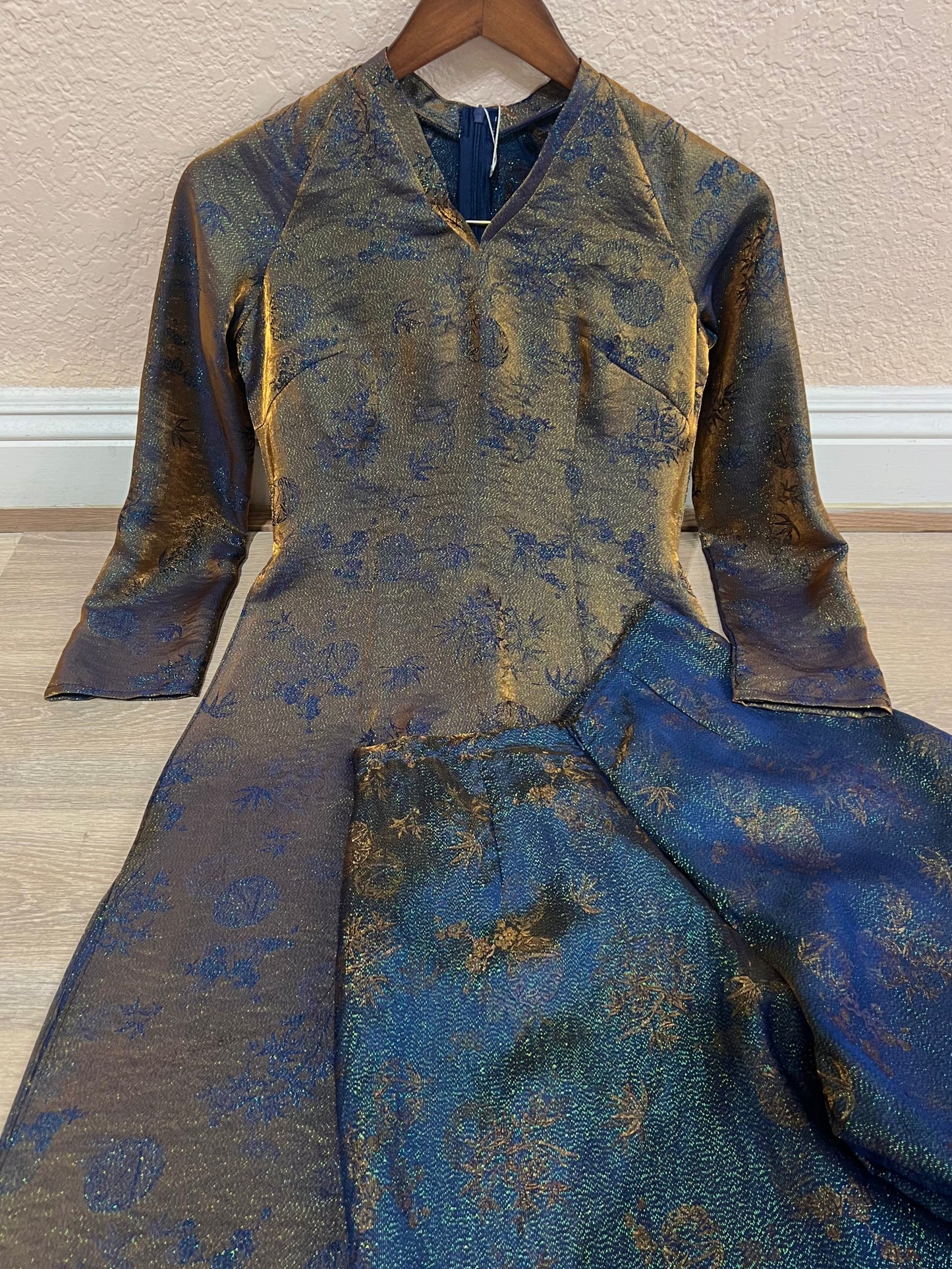 A50 - Set Áo Dài Tơ Song Kim Navy Blue/Brown | Kèm quần