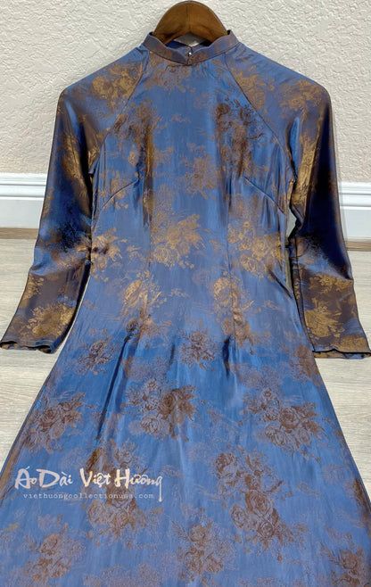 A41 - Áo Dài Gấm Lụa Hai Da Nâu/Tím Xanh | Áo Only