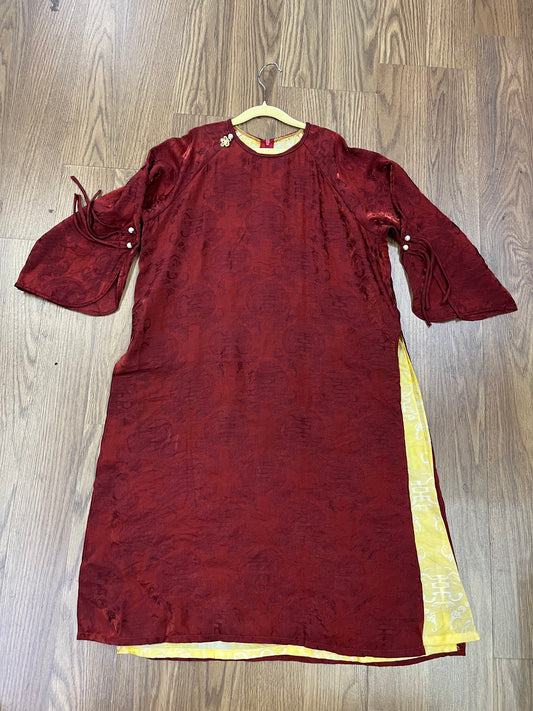 G06 - Girl’s Set Áo Dài Tơ Tencel Thọ Dơi 4 Tà Nâu Đỏ/Vàng (kèm quần)