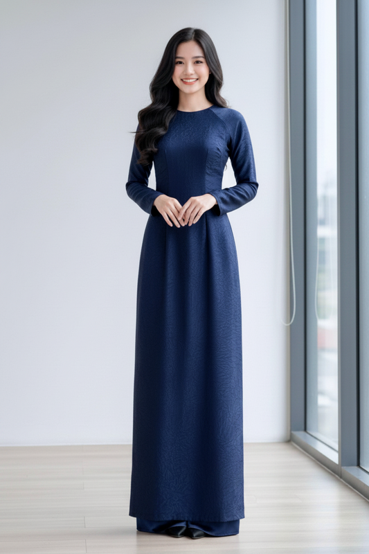 A69 - Set Áo Dài lụa Tiêu Giao Navy Blue (Cổ Tròn) | Kèm Quần