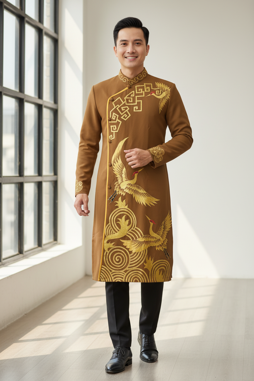 A118 - Men’s Áo Dài Lụa Vẽ Tay Brown