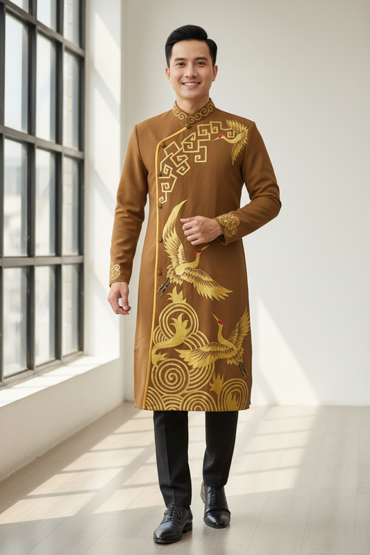 A118 - Men’s Áo Dài Lụa Vẽ Tay Brown