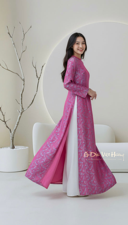 A79 - Áo Dài Suông Gấm Hoa Tulip 4 Tà Cổ Tết